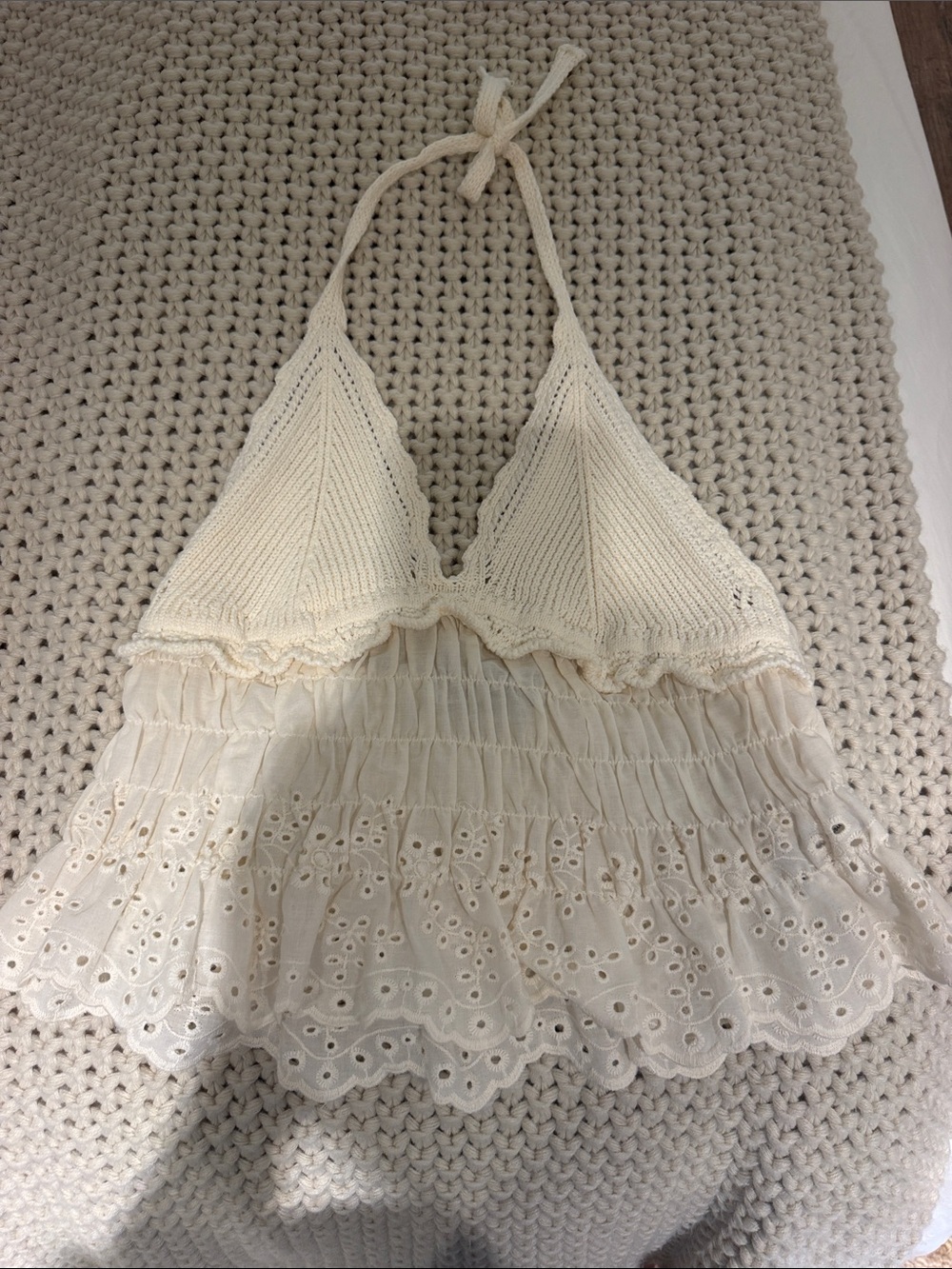 Zara Cream Crochet Halter Eyelet Babydoll Top